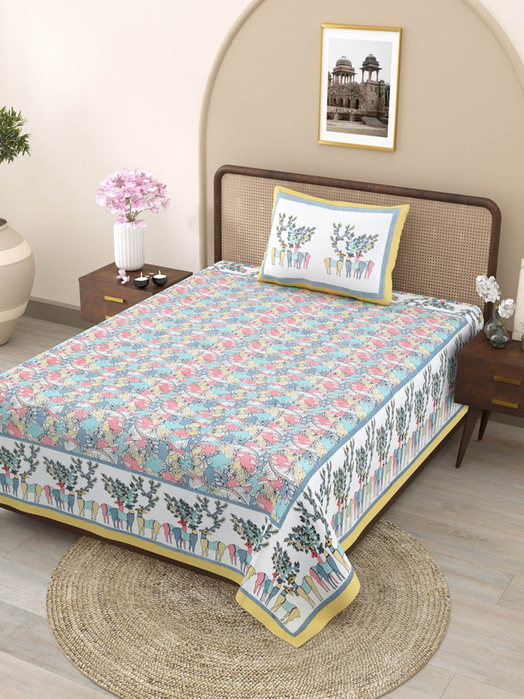 JAIPUR FABRIC Deer Forest Colourful Pink Floral Cotton 240 TC Single Fine Bedsheet with a Pillow Cover-60 x 90 inches