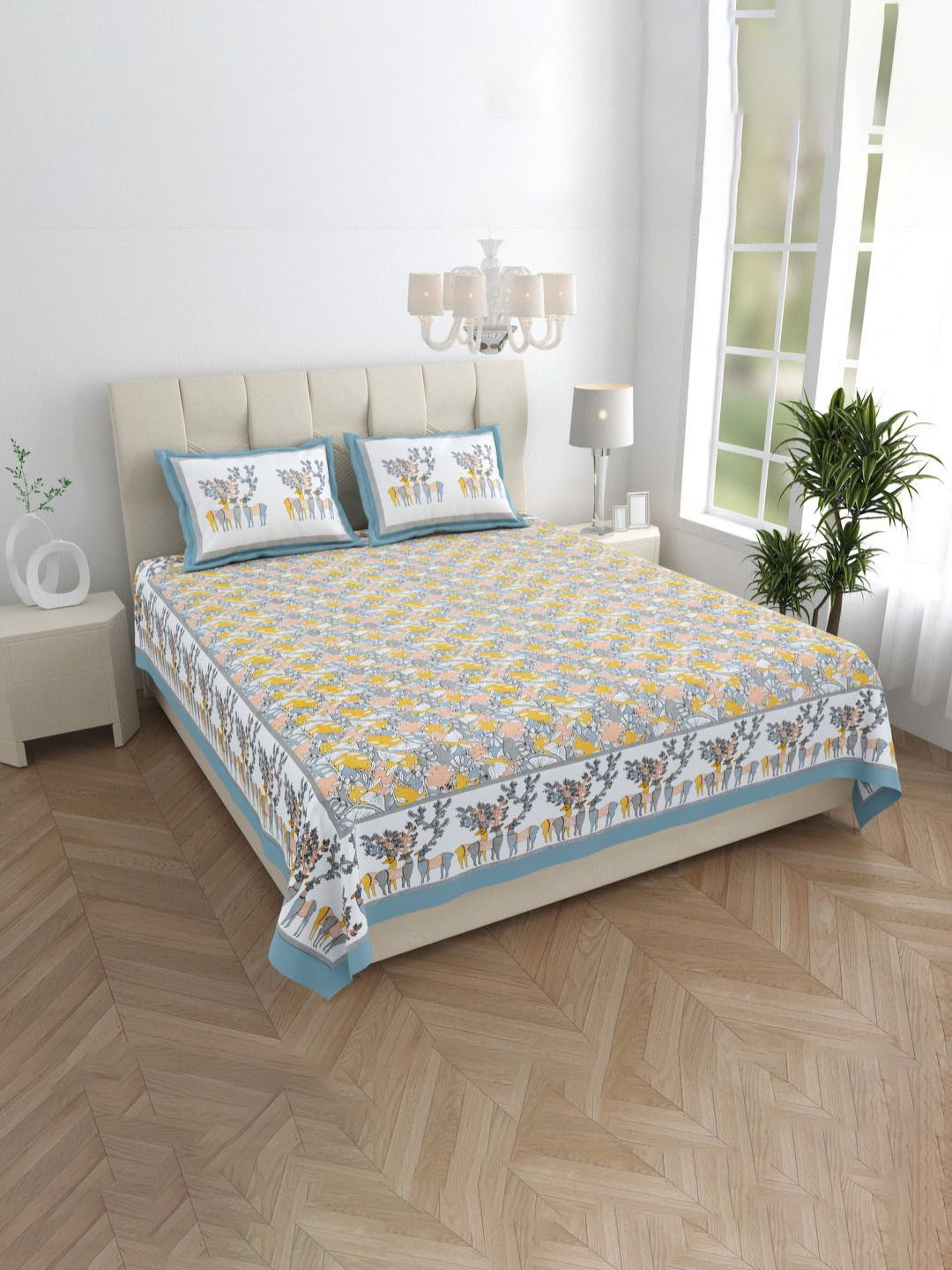 JAIPUR FABRIC Deer Forest Yellow Ethnic Motifs Pure Cotton 240 TC King Fine Bedsheet with 2 Pillow Covers-90 x 108 inches