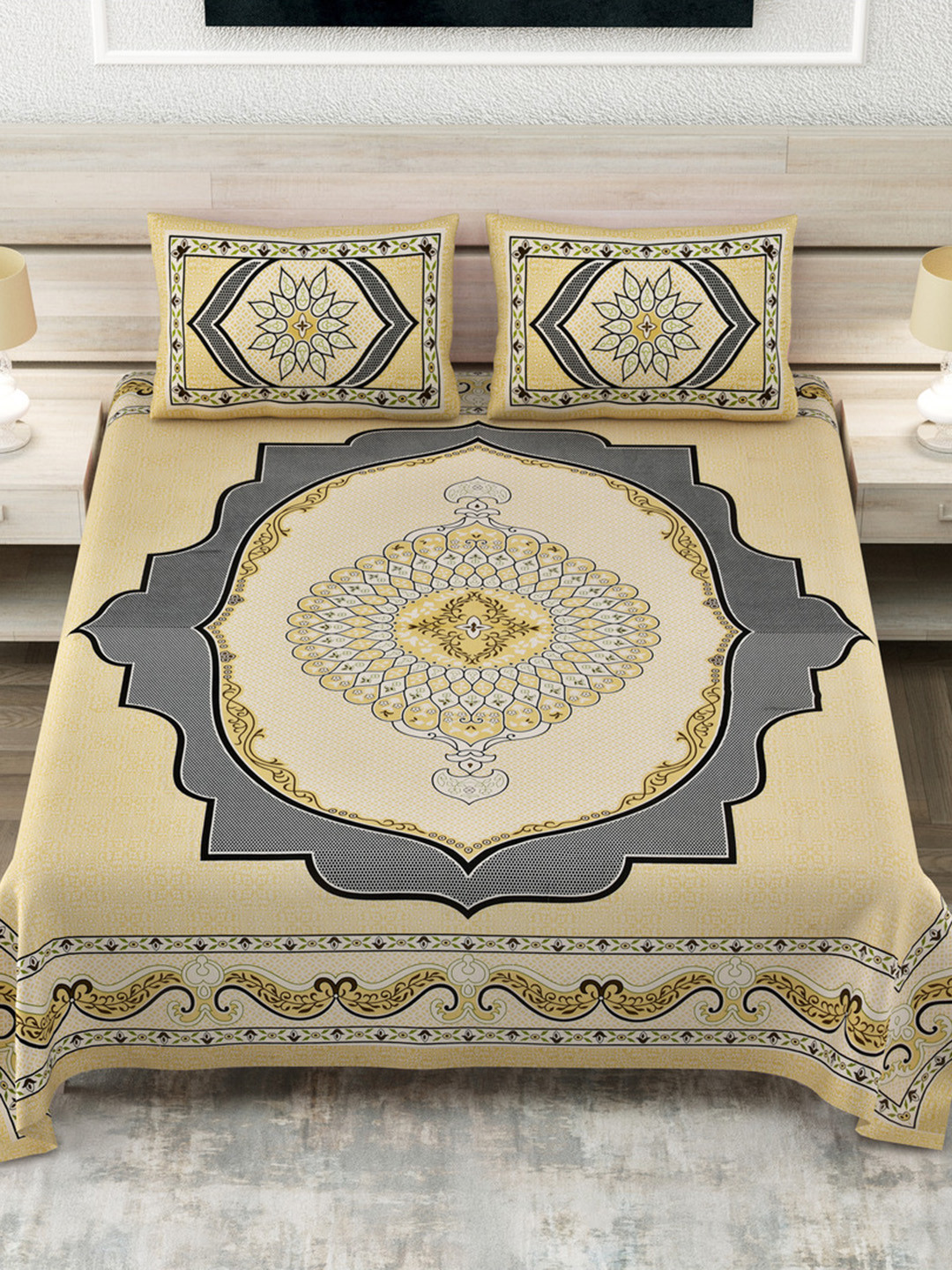 JAIPUR FABRIC Yellow & Grey Geometric 180 TC Pure Cotton King Bedsheet Set-2.54 m x 2.74 m