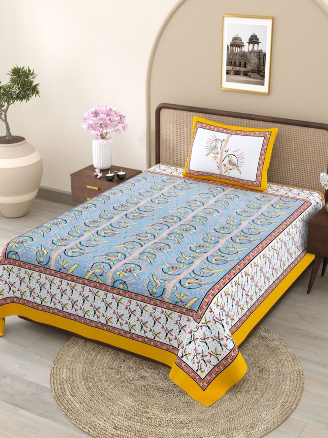 JAIPUR FABRIC Perky Parrots Blue Conversational Pure Cotton 240 TC Single Fine Bedsheet with a Pillow Cover-59 x 87 inches
