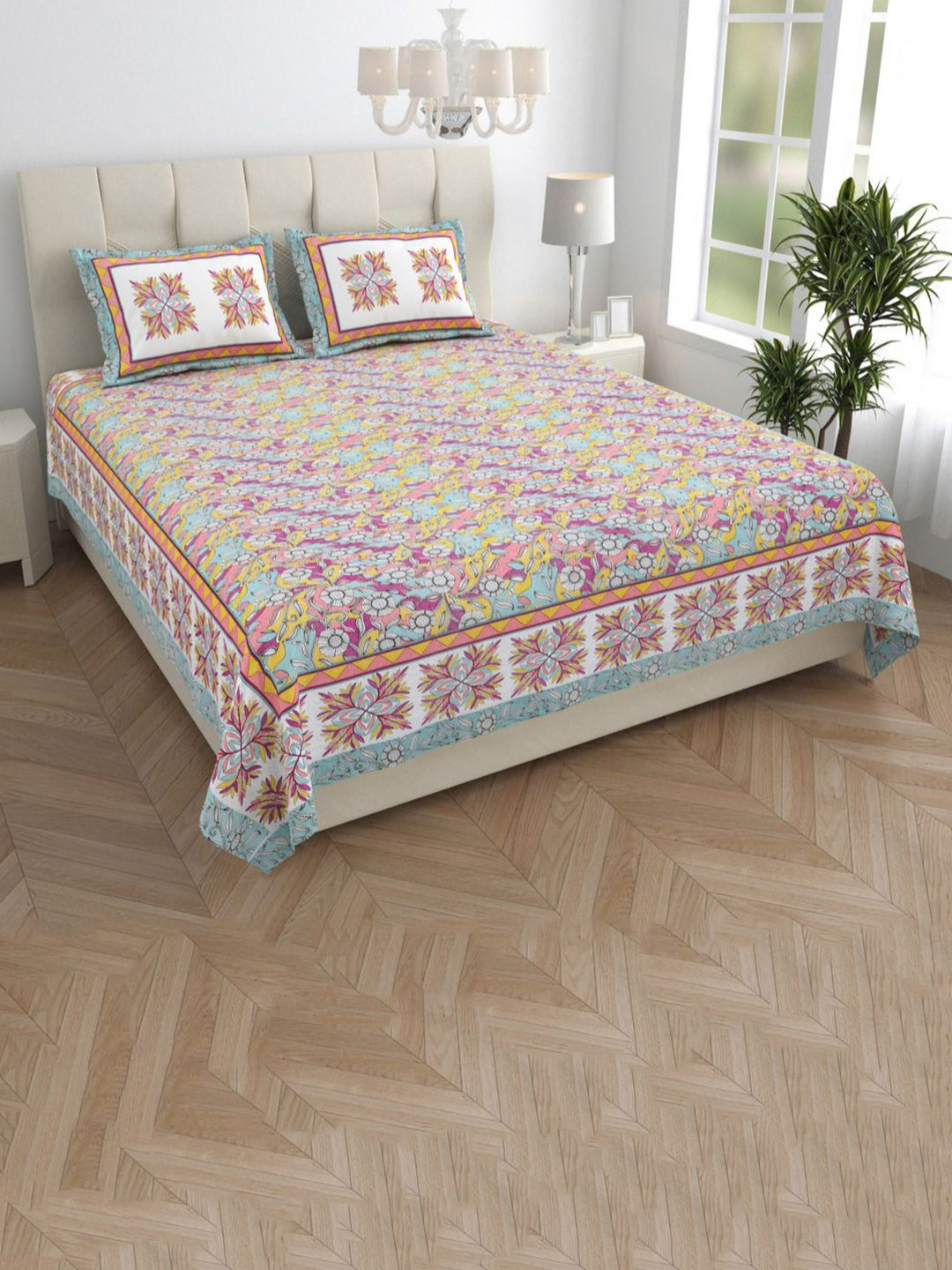 JAIPUR FABRIC Fresh & Frisky Colourful Blue Floral Pure Cotton 240 TC King Fine Bedsheet with 2 Pillow Covers-90 x 108 inches