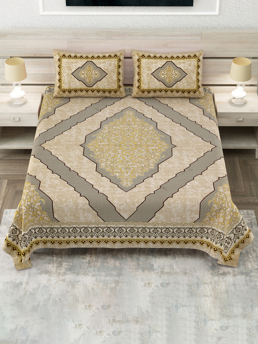 JAIPUR FABRIC Beige & Grey Geometric 180 TC King Bedsheet with 2 Pillow Covers