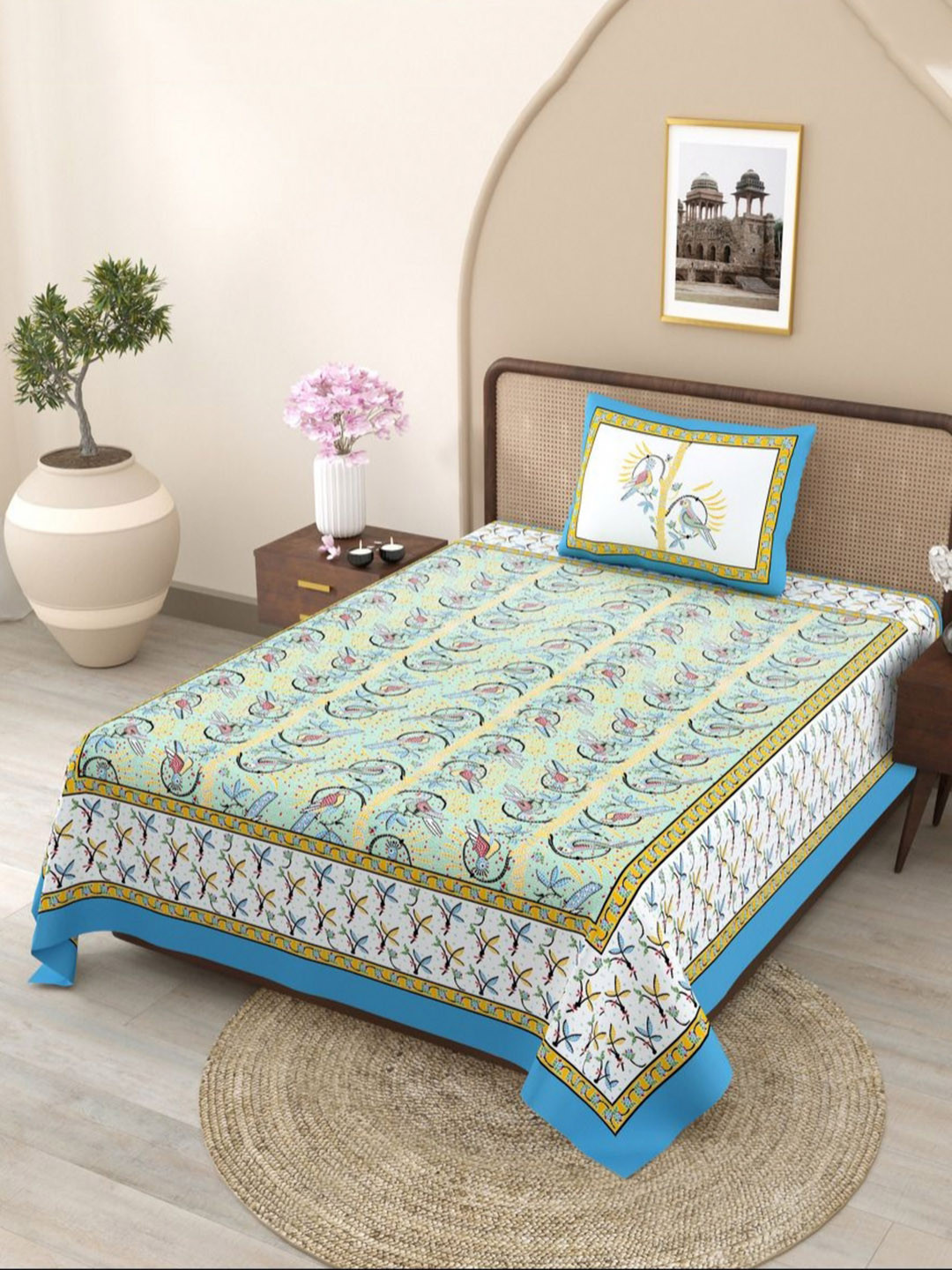JAIPUR FABRIC Green Graphic Pure Cotton 240 TC Single Fine Bedsheet with a Pillow Cover-60 x 90 inches
