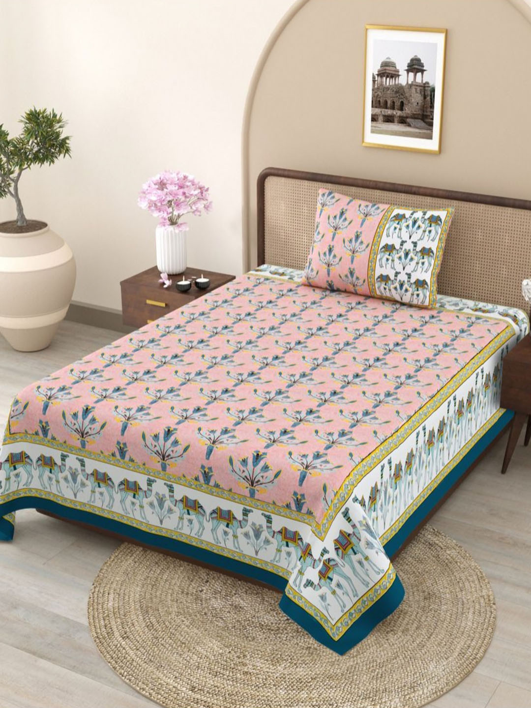 JAIPUR FABRIC Peach-Coloured 180 TC Pure Cotton Single Bedsheet Set-2.28 m m x 1.52 m