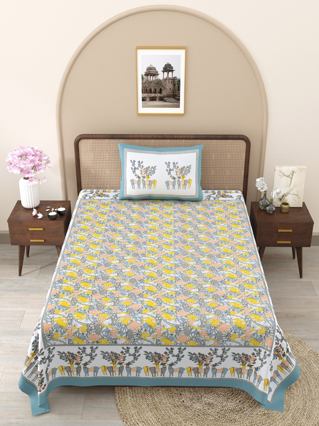 JAIPUR FABRIC Deer Forest Yellow Floral Pure Cotton 240 TC Single Fine Bedsheet with a Pillow Cover-90 x 60 inches