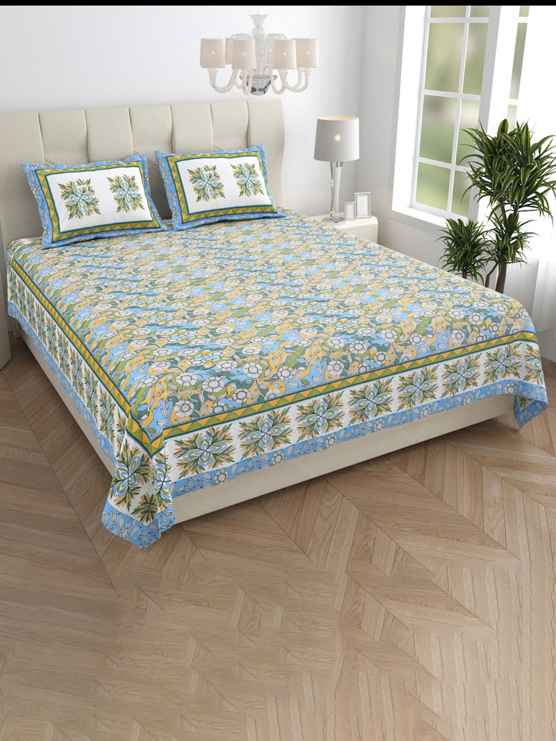 JAIPUR FABRIC Delightful Dales Blue Floral Pure Cotton 240 TC King Fine Bedsheet with 2 Pillow Covers-90 x 108 inches