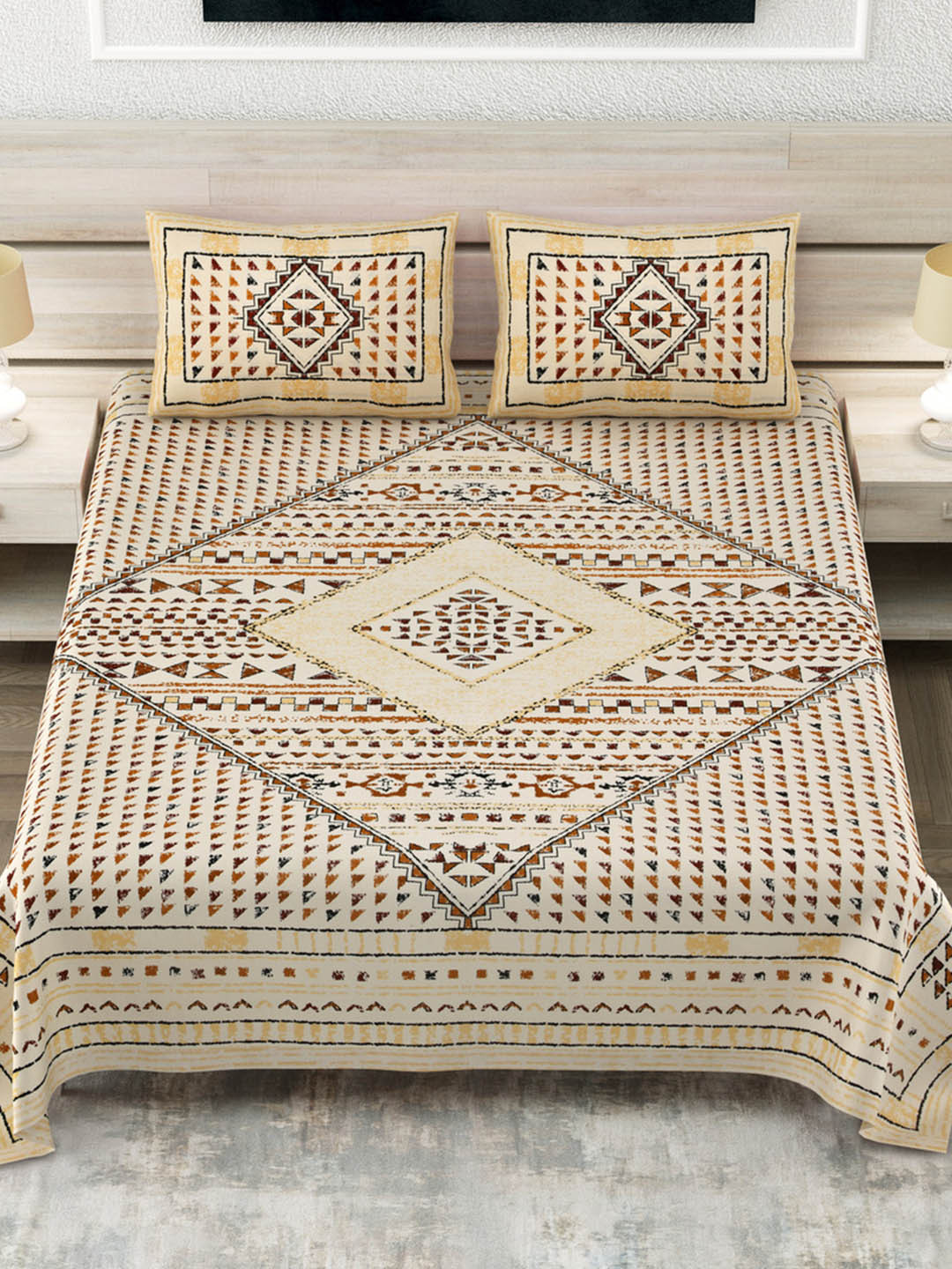 JAIPUR FABRIC Platinum Yellow Geometric Pure Cotton 180 TC King Fine Bedsheet with 2 Pillow Covers-274 x 254 cm