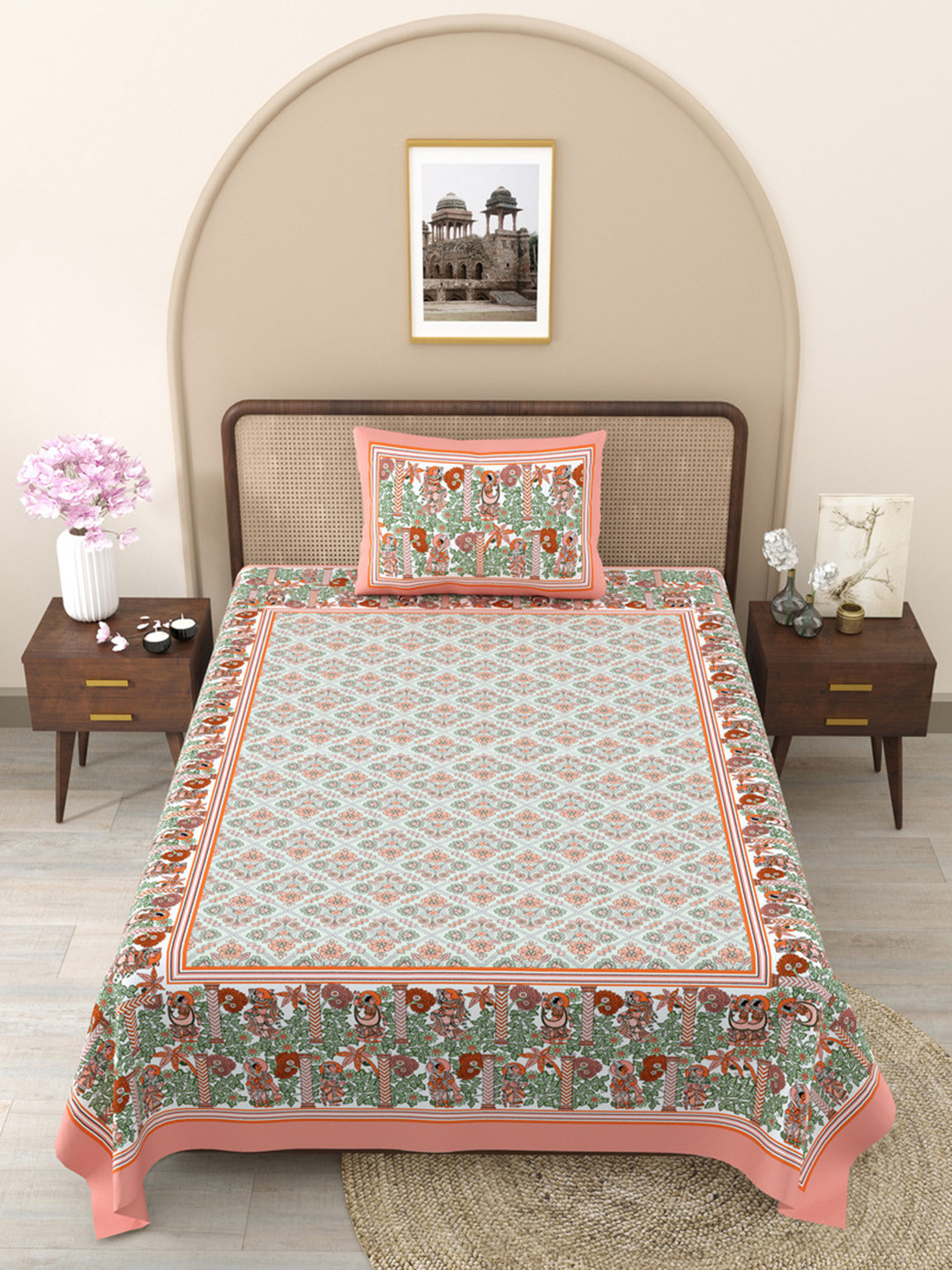 JAIPUR FABRIC Pattachitra Collection Peach Ethnic Motifs Cotton 240 TC Single Fine Bedsheet with a Pillow Cover-90 x 60 inches