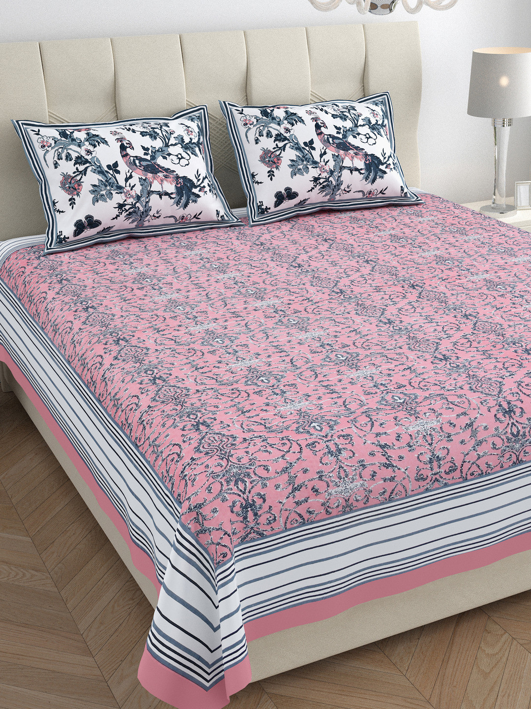 JAIPUR FABRIC Peacock Park Pink Floral Pure Cotton 240 TC King Fine Bedsheet with 2 Pillow Covers-90 x 108 inches