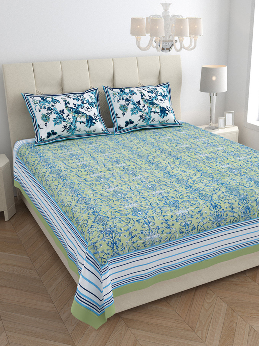 JAIPUR FABRIC Peacock Park Green Floral Pure Cotton 240 TC King Fine Bedsheet with 2 Pillow Covers-108 x 90 inches