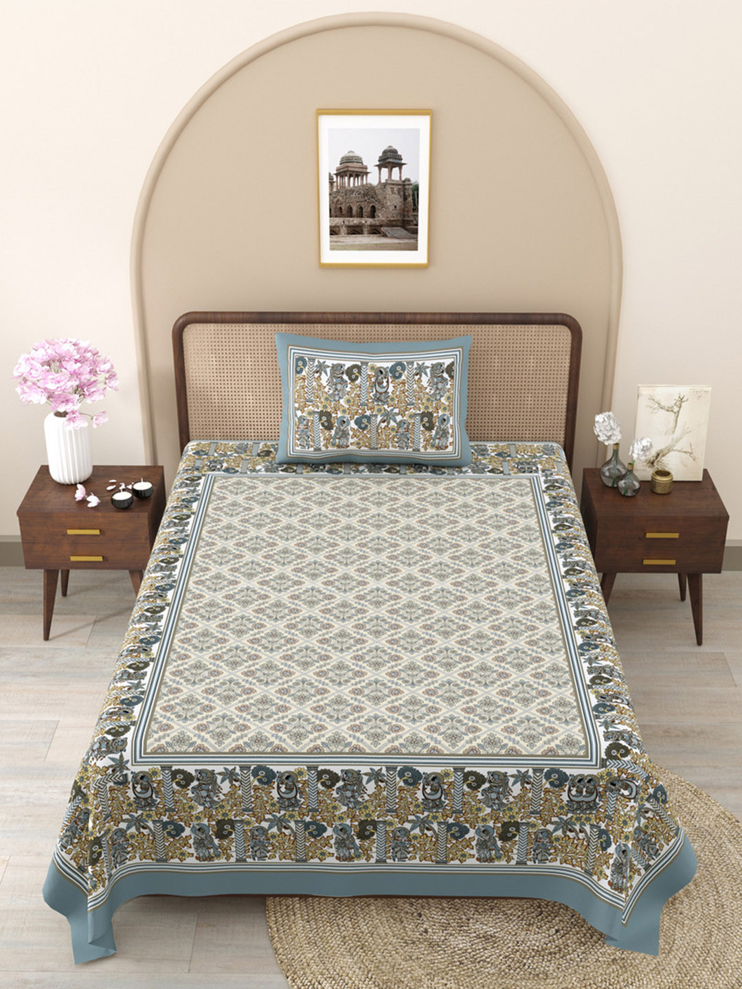 JAIPUR FABRIC Pattachitra Grey Floral Pure Cotton Skin-Friendly 240 TC Single Fine Bedsheet with a Pillow Cover-89 x 60 inches