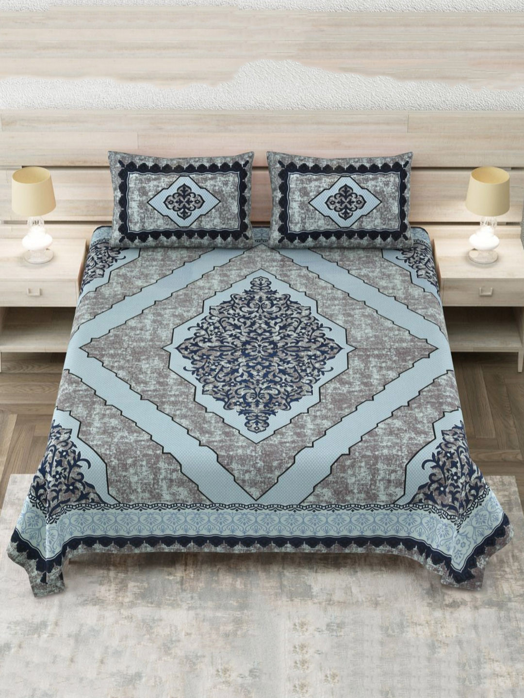 JAIPUR FABRIC Teal & Grey Ethnic Motifs 180 TC King Bedsheet with 2 Pillow Covers