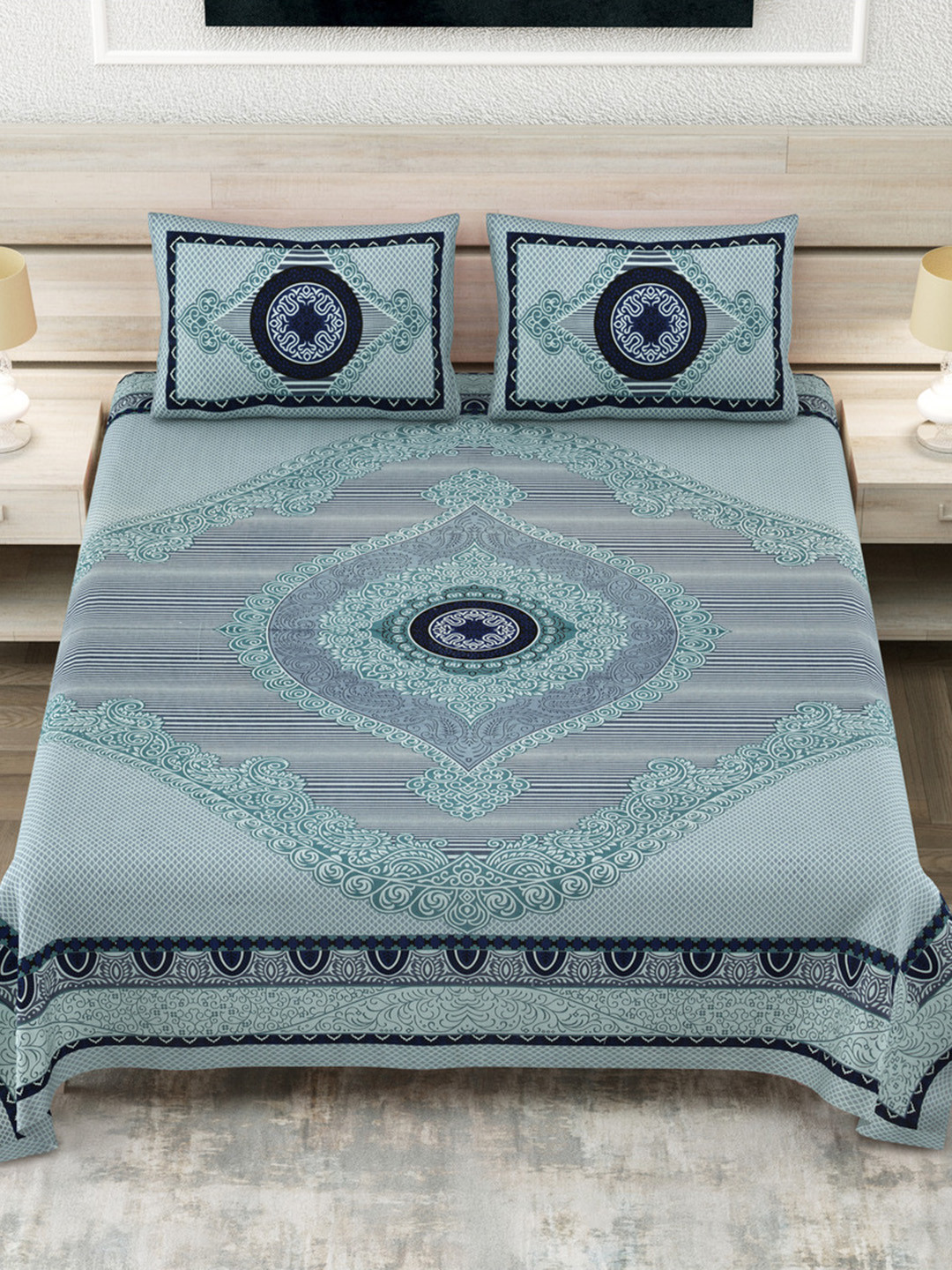 JAIPUR FABRIC Teal & Black Geometric 180 TC King Bedsheet with 2 Pillow Covers