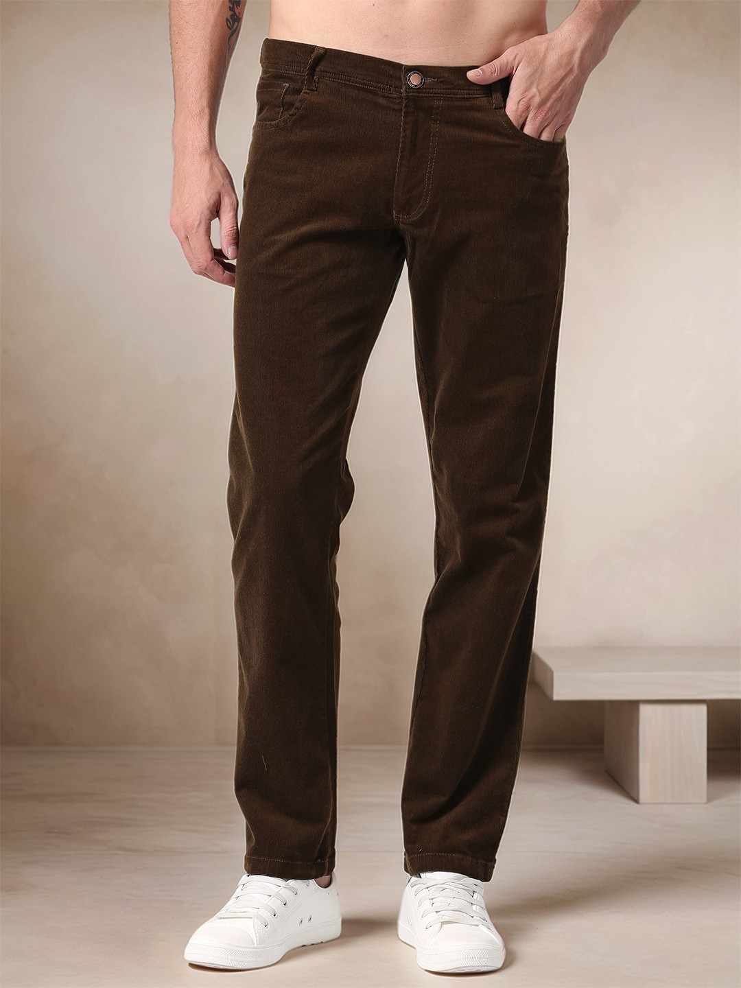 NEVER NEUD Men Relaxed Straight Fit Corduroy Trousers