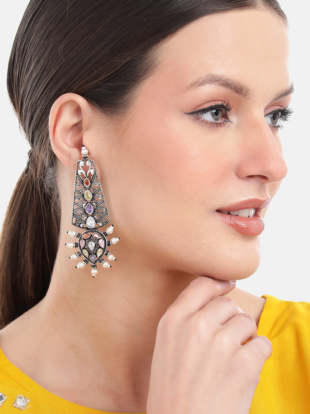 MANSIYAORANGE Rhodium-Plated Floral German Silver Oxidized Drop Earrings