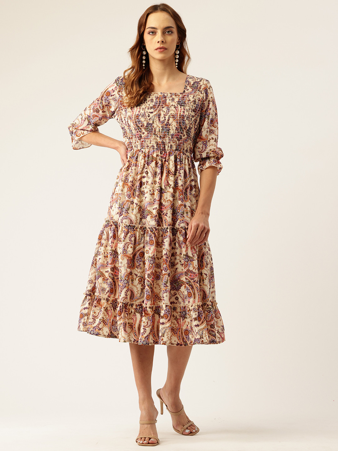 WISSTLER Ethnic Motifs Print Puff Sleeves Georgette Fit & Flare Midi Dress