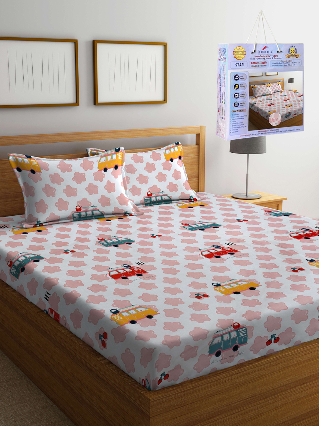 FABINALIV Pink Conversational Polycotton 300 TC Fitted King Fine Bedsheet with 2 Pillow Covers-98 x 89 inches
