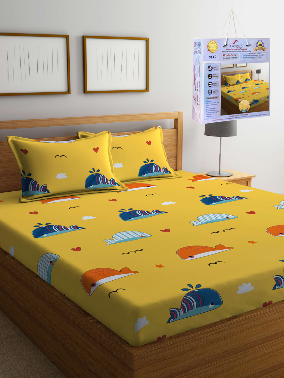 FABINALIV Yellow Cartoon Characters 300 TC Fitted King Bedsheet Set 2.50m X 2.25m