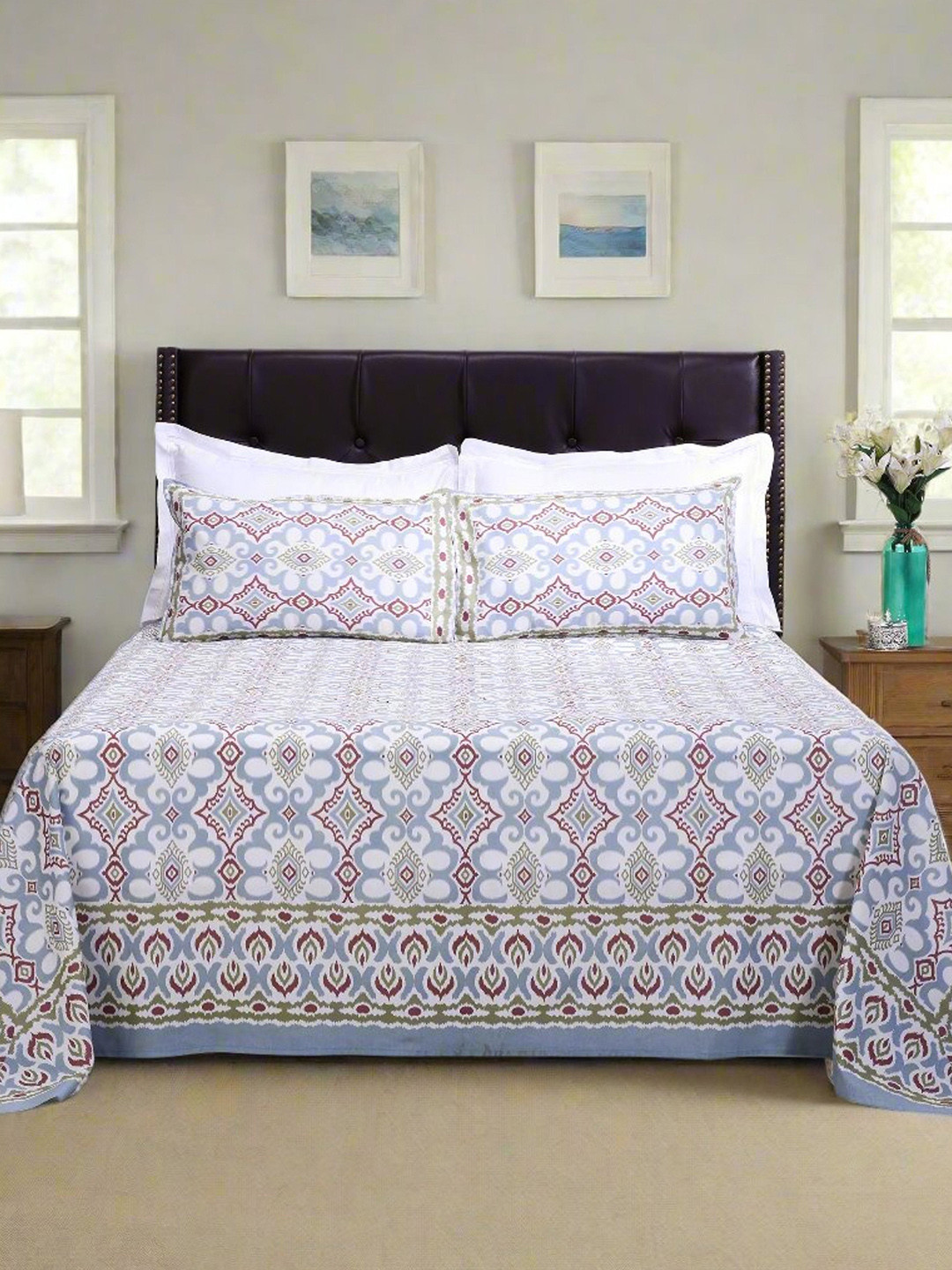 SHAHENAZ Fitted Satin Stripes Grey Ethnic Motifs Cotton 180 TC Queen Fine Bedsheet with 2 Pillow Covers-20 x 28 inches