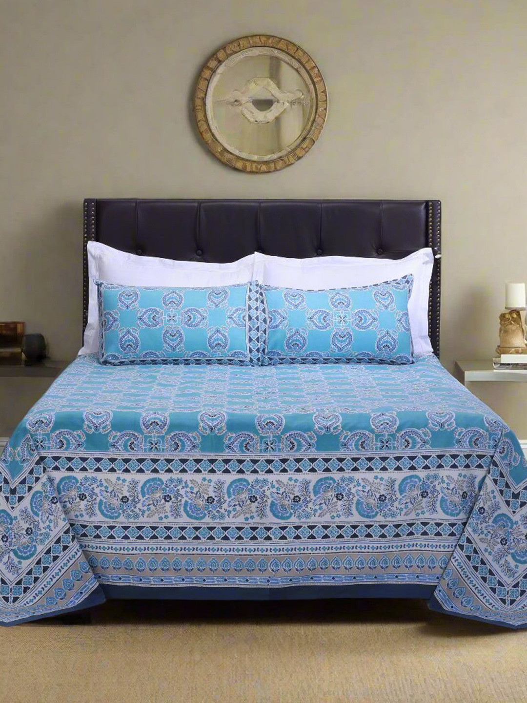 SHAHENAZ Azia Teal Ethnic Motifs Cotton 180 TC King Bedsheet with 2 Pillow Covers-20 x 28 inches