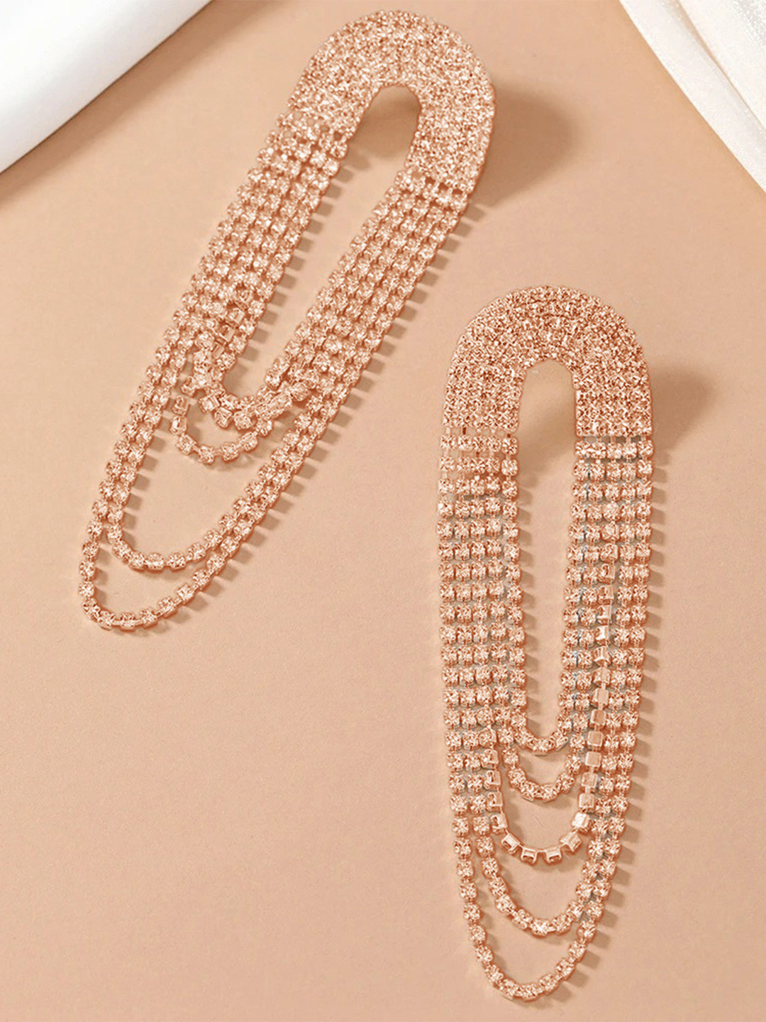 VAMA Rosegold Dangler Rhinestone Hanging Drop Sparkle Fringe Tassel Long Earrings