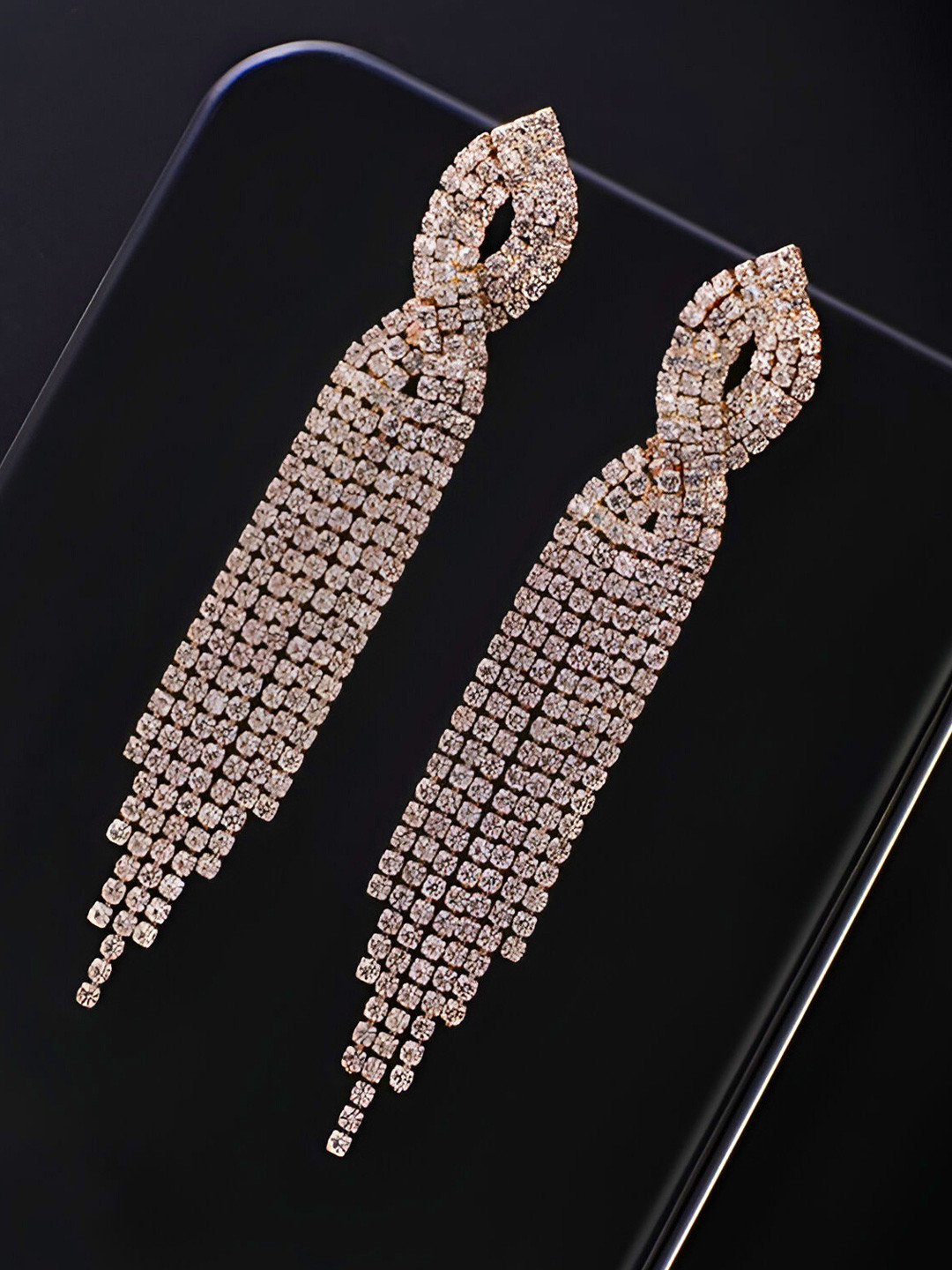 VAMA Women Rosegold Plated Tassel Rhinestone Stud Hanging Drop Long Earrings