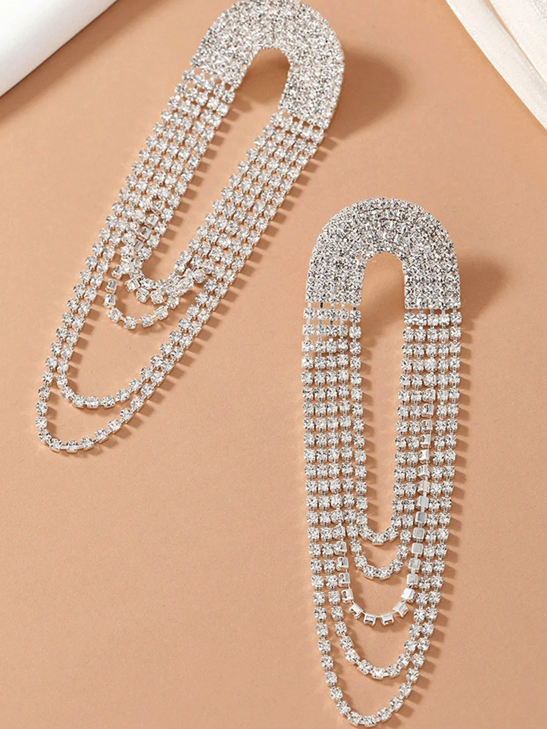 VAMA Silver-Plated Rhinestone Hanging Drop Sparkle Tassel Contemporary Drop Earrings