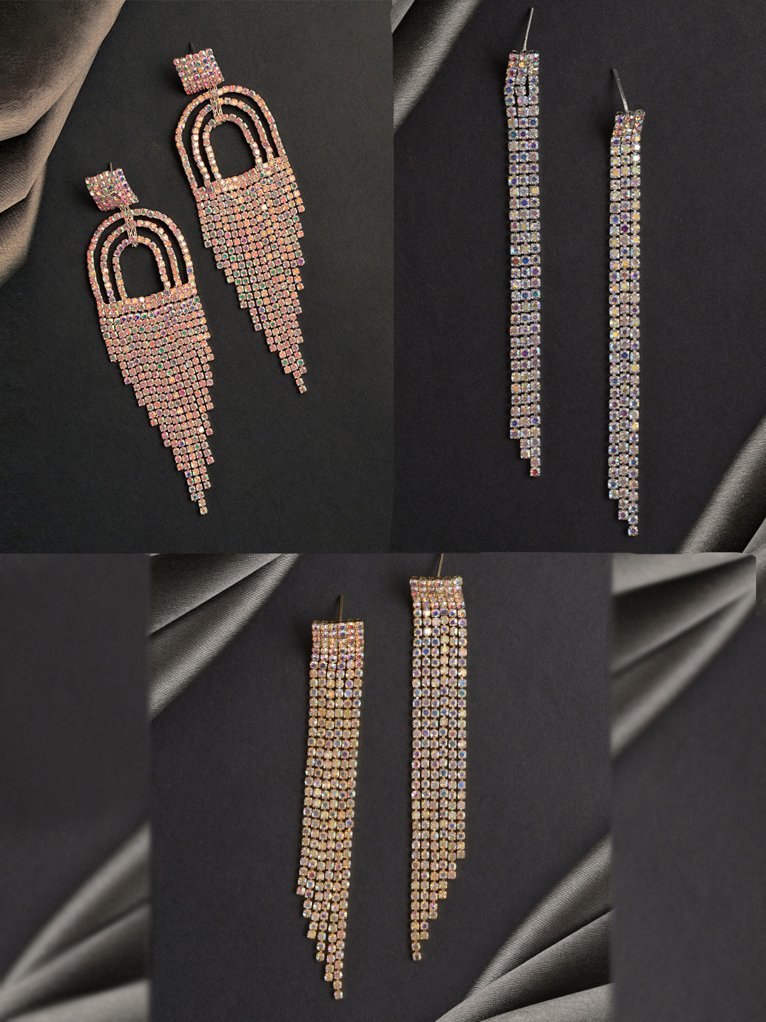 VAMA Set Of 3 Silver-Plated Rhinestone Tassel Contemporary Drop Earrings