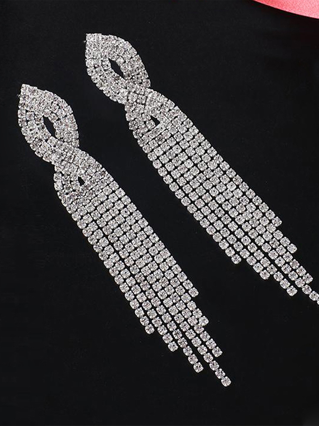 VAMA Silver-Plated Rhinestone Hanging Drop Sparkle Tassel Contemporary Drop Earrings