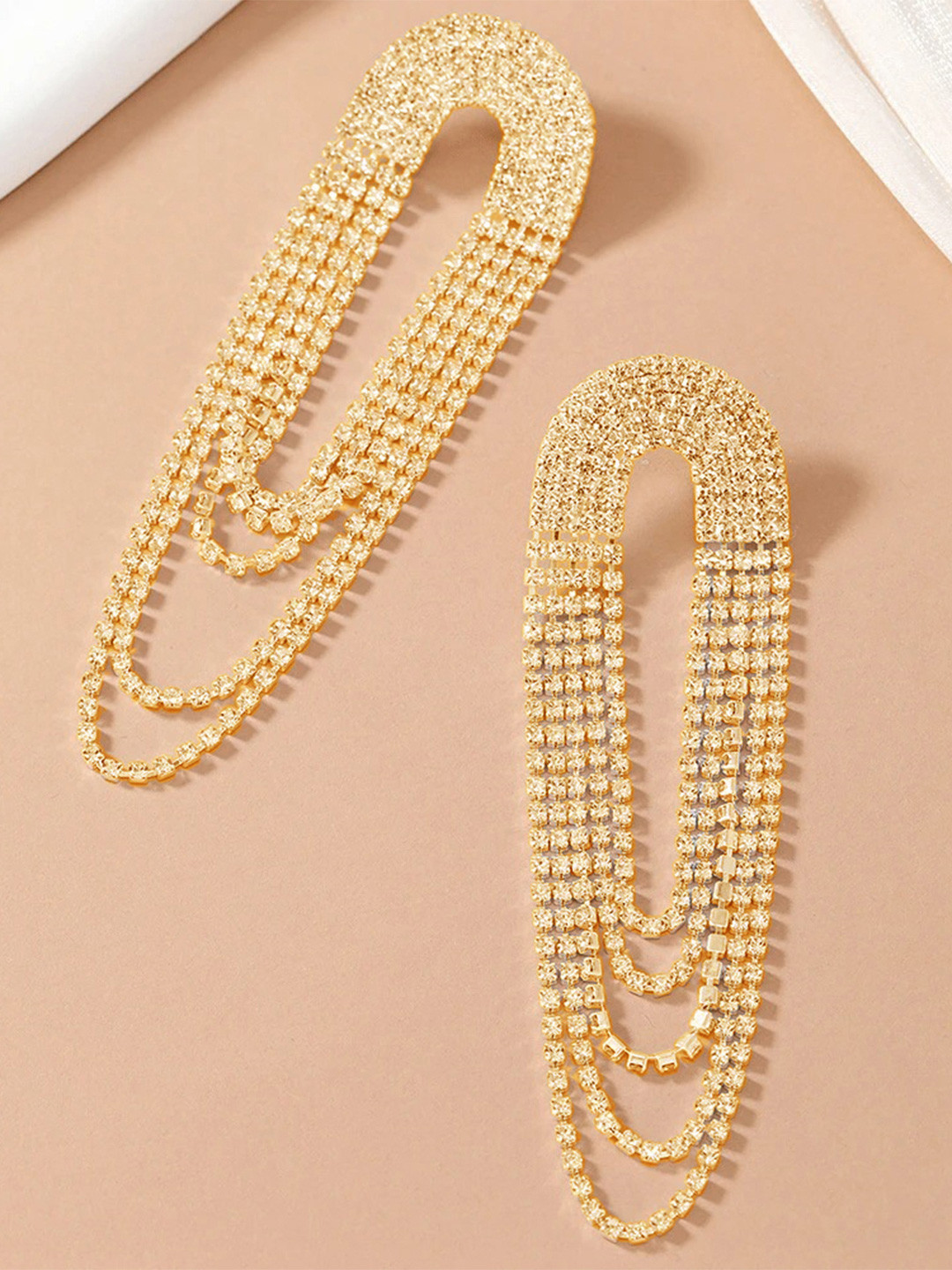 VAMA Women Gold Plated Rhinestone Sparkle Fringe Tassel Chandelier Earrings