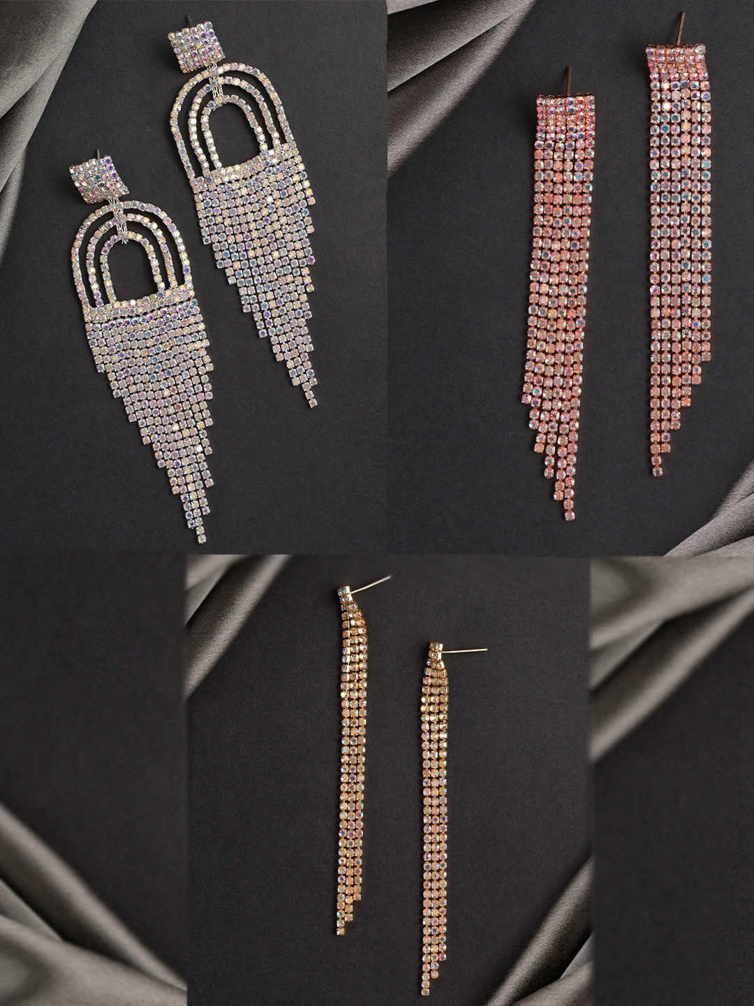 VAMA Women Set Of 3 Rhinestone Hanging Drop Tassel Chandelier Combo Earrings