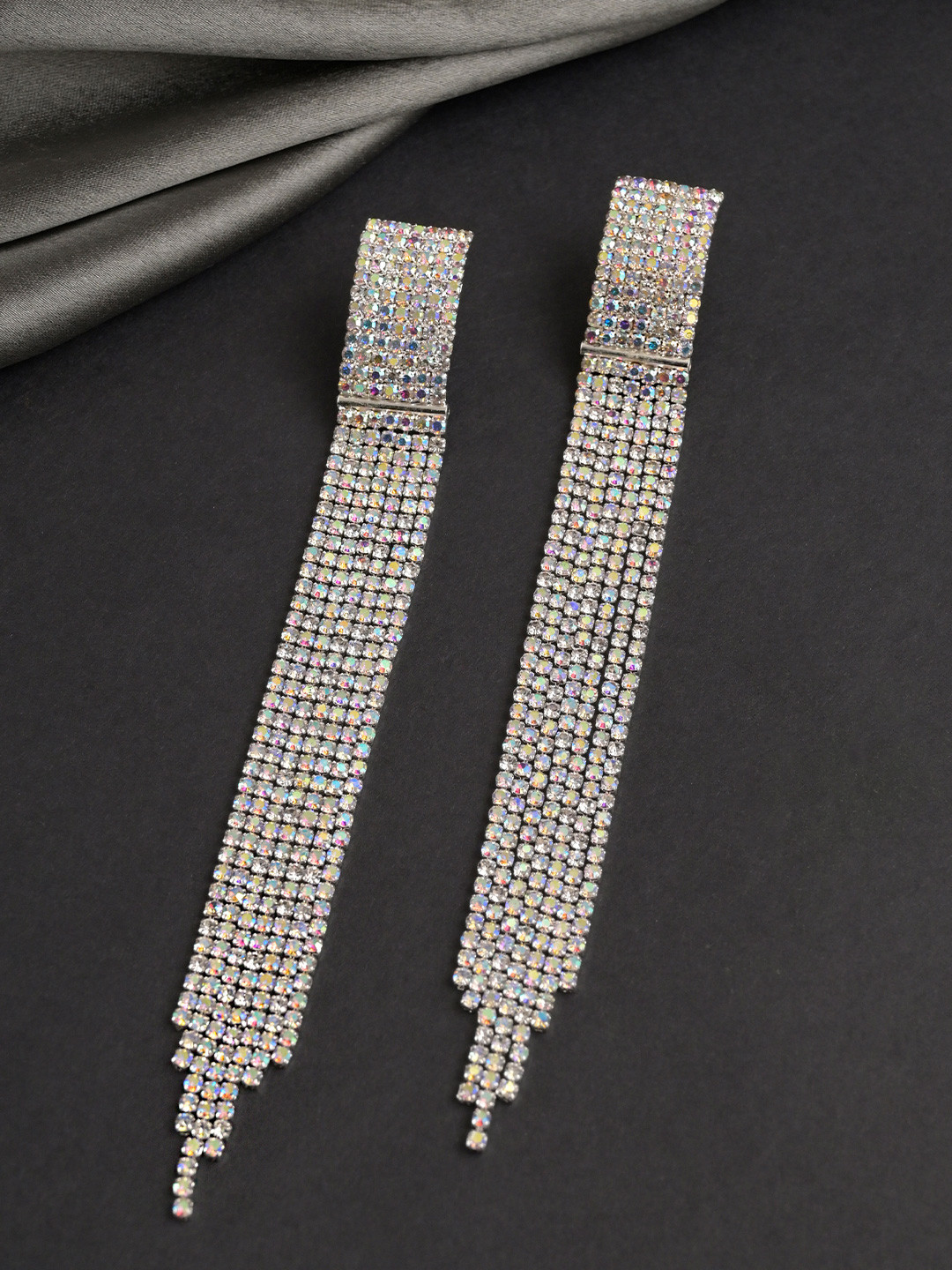VAMA Silver Plated Rhinestone Hanging Sparkle Tassel Contemporary Drop Earrings