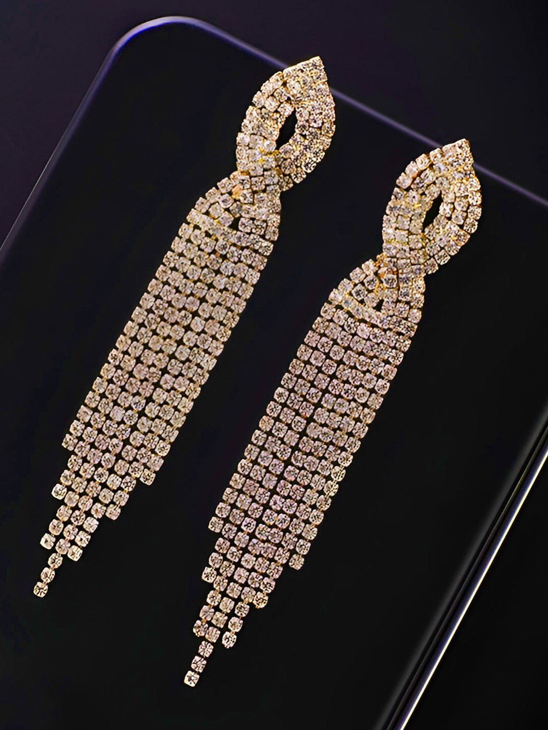 VAMA Women Gold Glittering Rhinestone Fringe Tassel Dangler Long Earrings