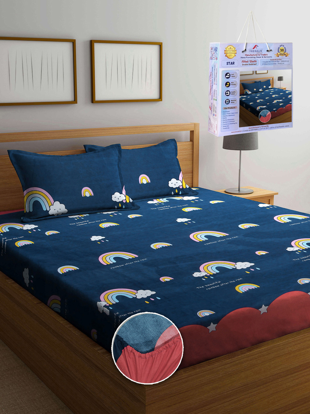FABINALIV Blue & White Cartoon Characters 300 TC Fitted King Bedsheet Set 2.50m X 2.25m