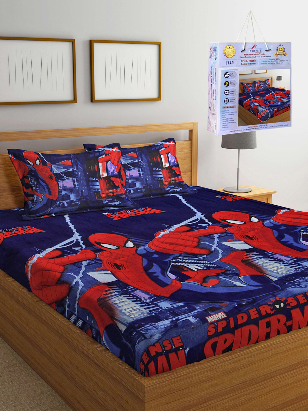 FABINALIV Blue & Red Cartoon Characters 300 TC Fitted King Bedsheet Set 2.50m X 2.25m