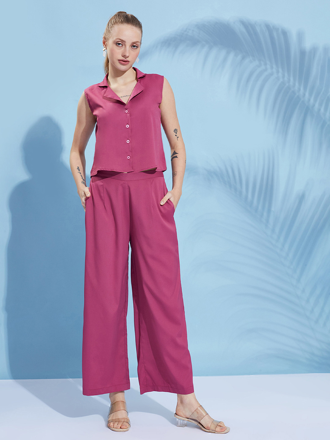 DressBerry Burgundy Notch Lapel Collar Texture Top With Trouser