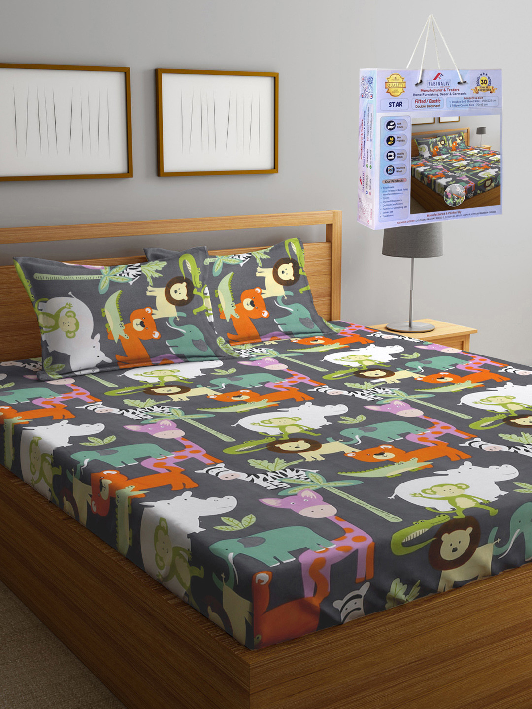 FABINALIV Grey Animal Polycotton Skin-Friendly 300 TC Fitted King Fine Bedsheet with 2 Pillow Covers-98 x 89 inches