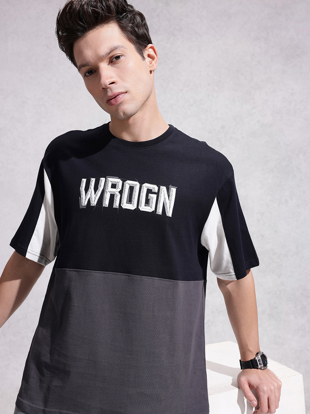 WROGN Pure Cotton Brand Logo Printed Colourblocked Oversized T-shirt
