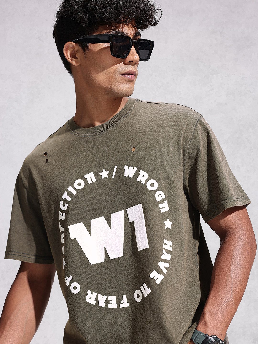 WROGN Typography Printed Distressed Drop-Shoulder Sleeves Pure Cotton Oversized T-shirt