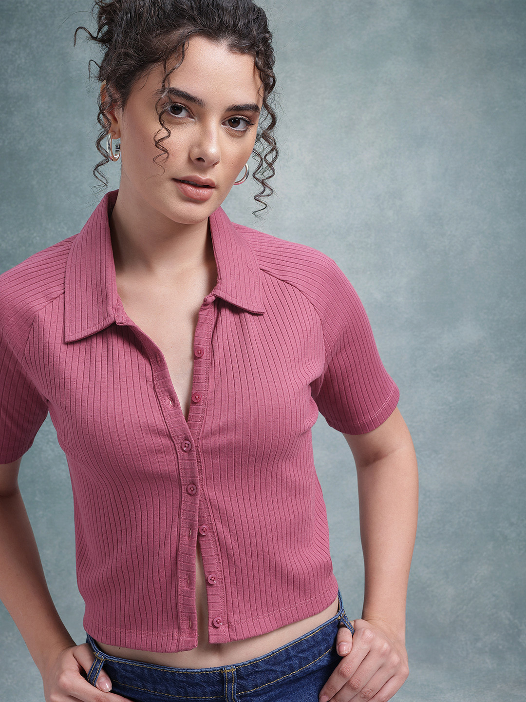 The Roadster Life Co. Ribbed Button-Down Crop Shirt Style Top