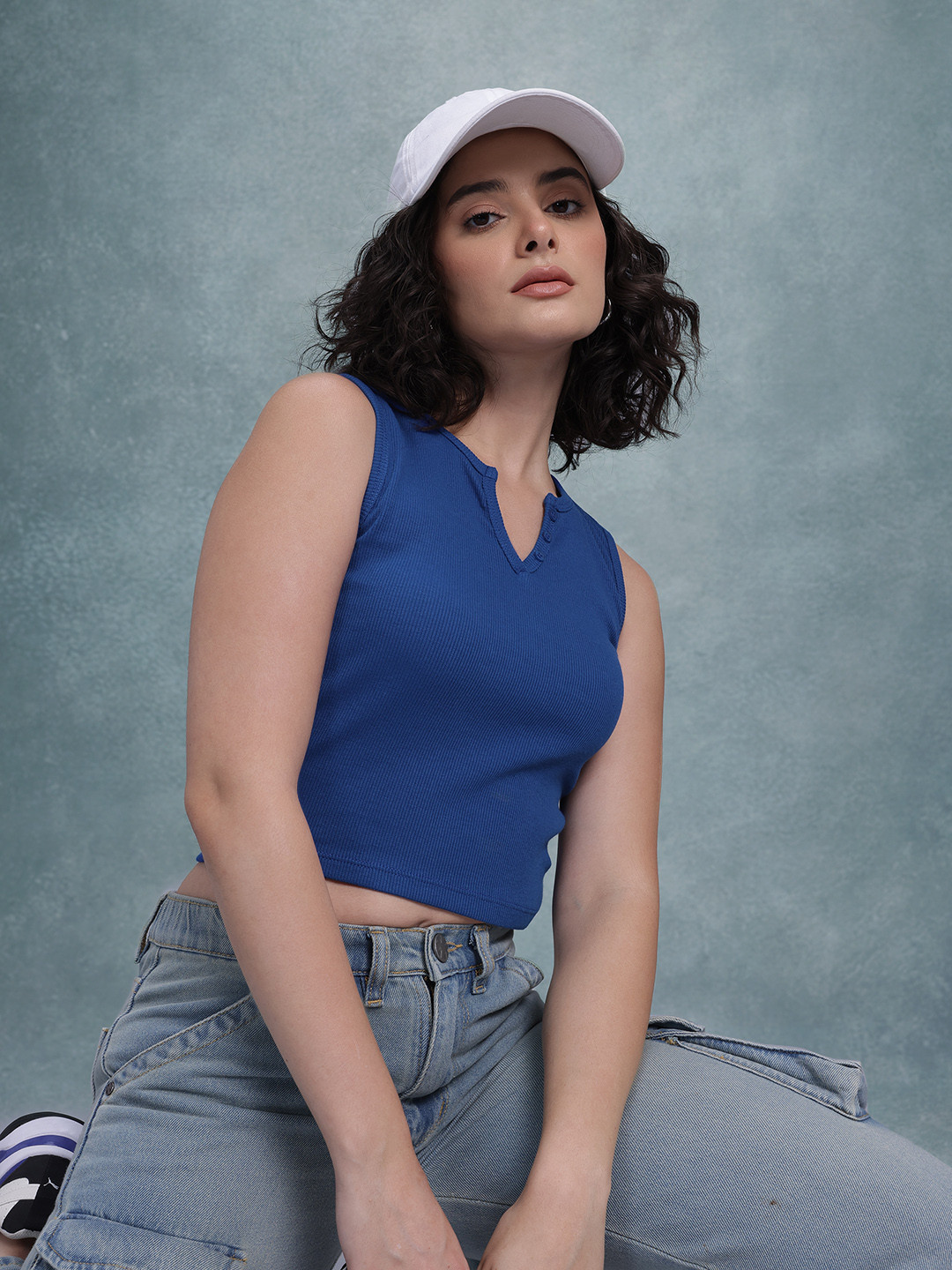 The Roadster Life Co. Sleeveless Ribbed Crop Top With Button Detail