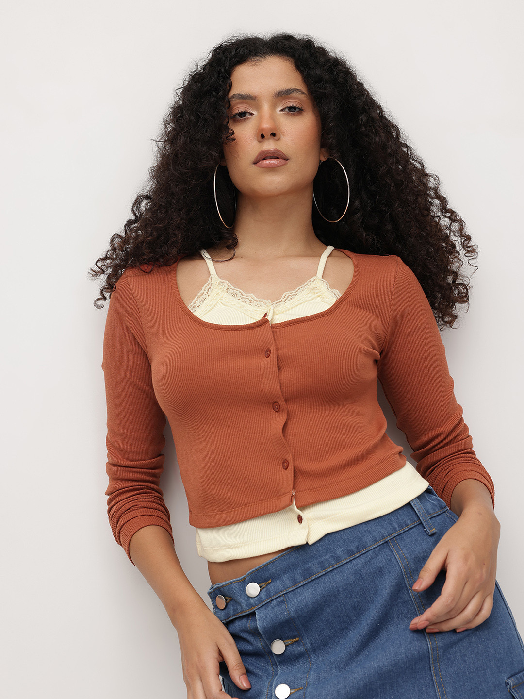 The Roadster Life Co. Ribbed Lace Insert Detail Crop Fitted Top with Attached Lining
