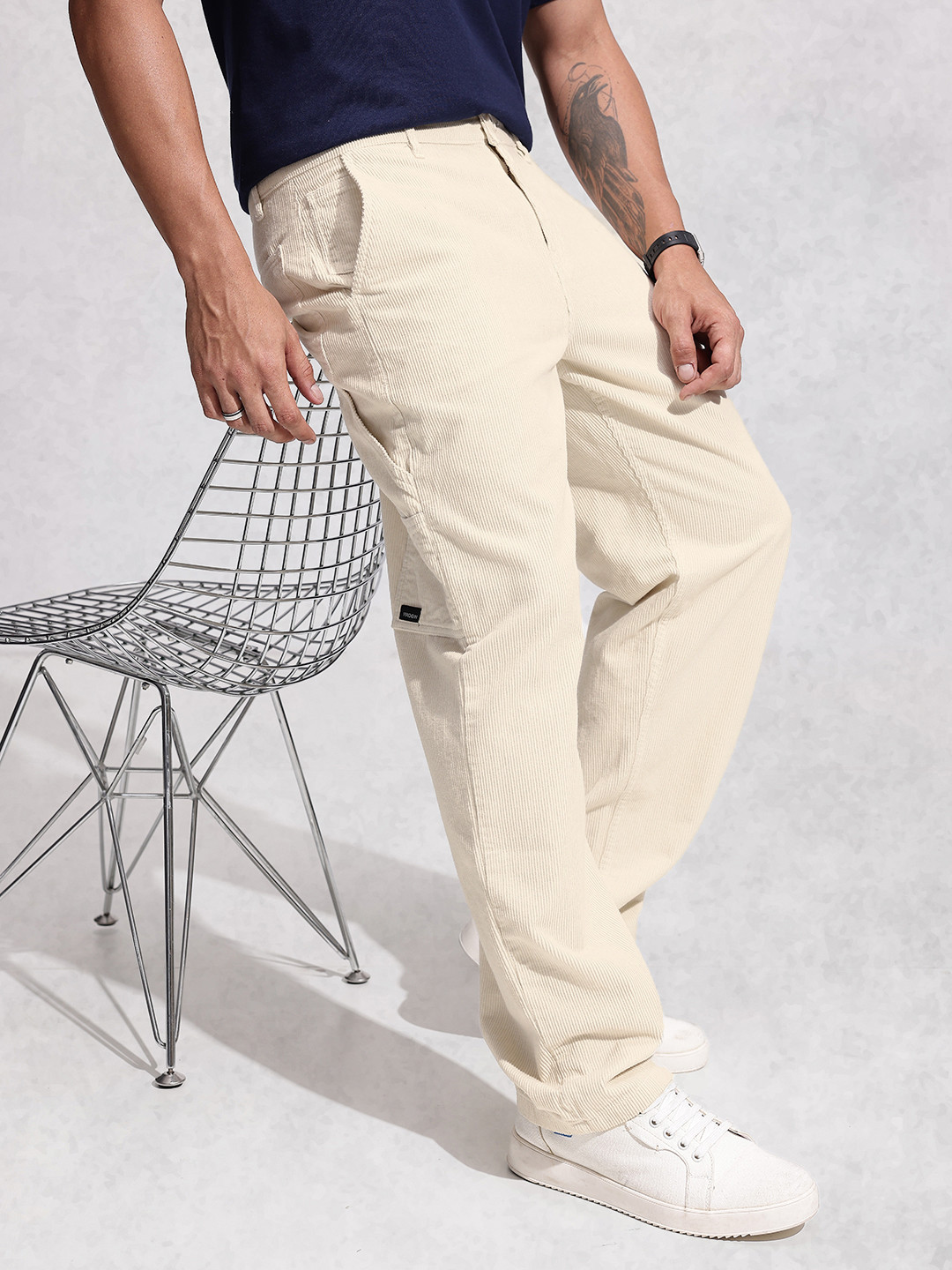 WROGN Men Loose Fit Corduroy Cargo Style Chinos Trousers