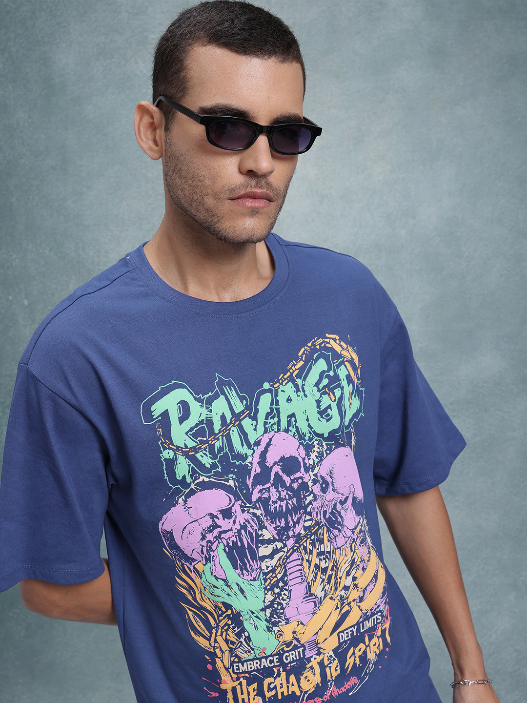 The Roadster Life Co. Grunge Printed Drop-Shoulder Sleeves Relaxed Fit T-shirt