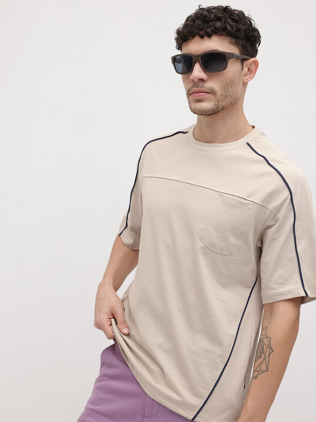 The Roadster Life Co. Contrast Piping Drop-Sleeves Pure Cotton Relaxed Fit T-shirt