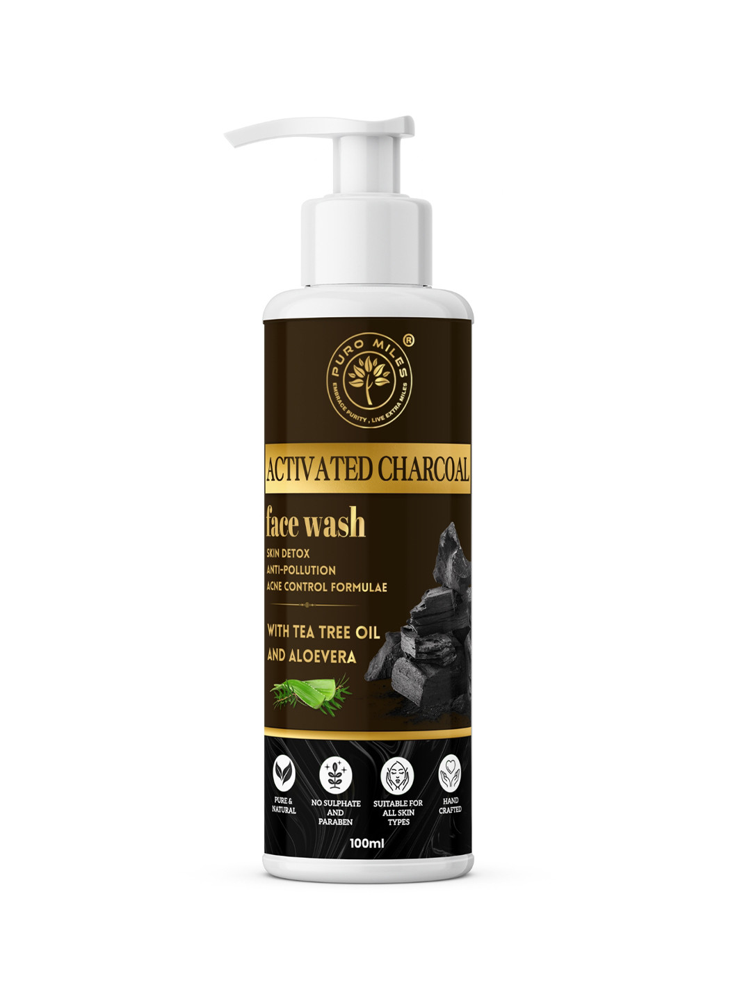 Puro Miles Activated Charcoal Face Wash With Tea Tree Oil and Aloevera- 100 ml