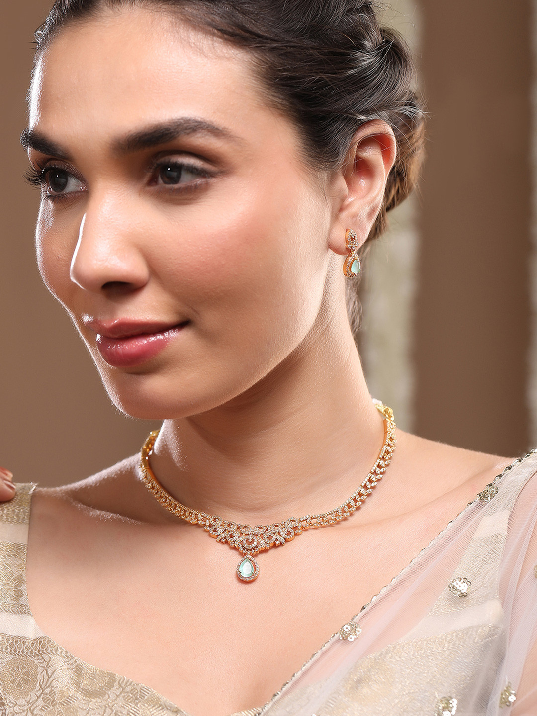 Rubans 22K Gold-Plated Aqua Green Stone & Cubic Zirconia Studded Traditional Necklace Set