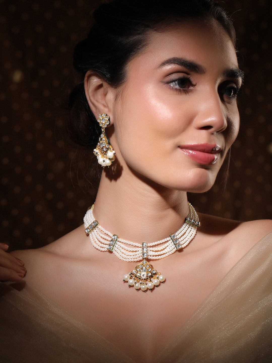Rubans 22K Gold-Plated Kundan-Studded Multi-Strand Pearl Necklace Set with Jhumka Earrings