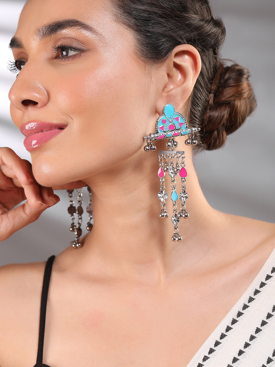Rubans Silver-Plated Pink & Blue Enamel Cascading Dangle Earrings with Silver Beads