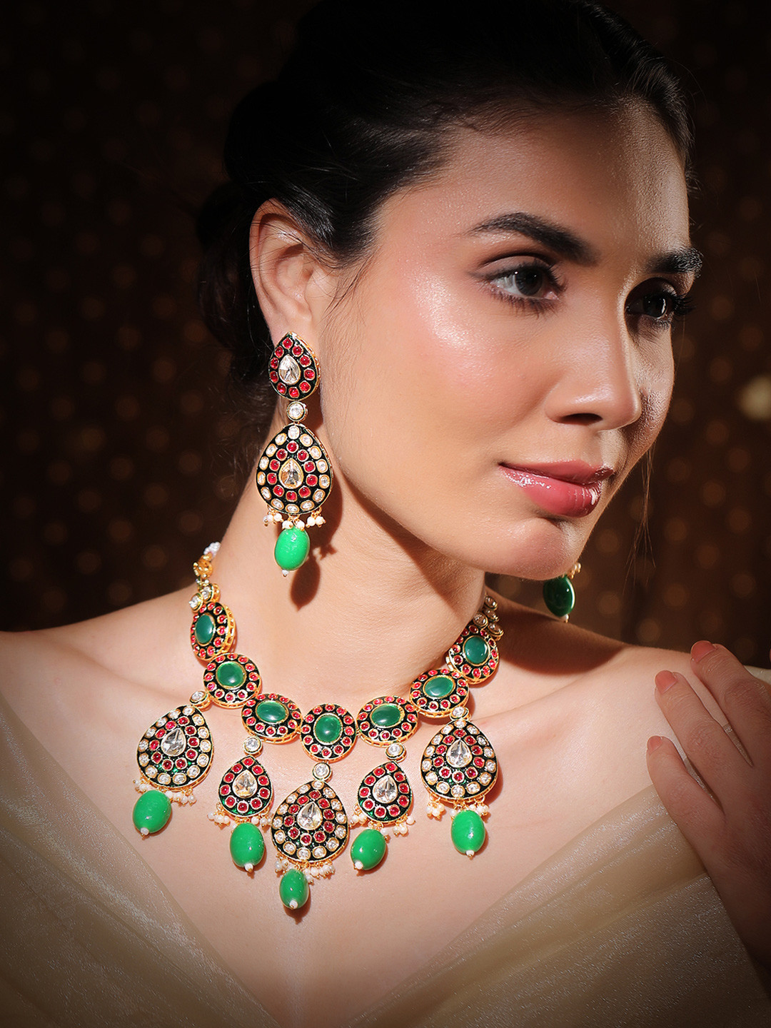 Rubans 24K Gold-Plated Kundan & Green Beaded Choker Necklace Set with Red Stone Detailing